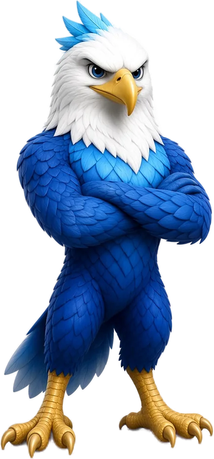 Alti, o mascote águia da Altavo, de braços cruzados